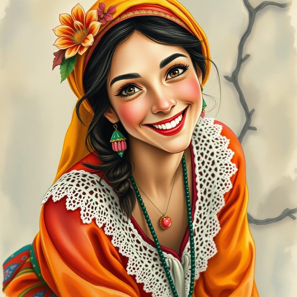 Whimsical Romani Woman with Vibrant Smile in Storybook Style