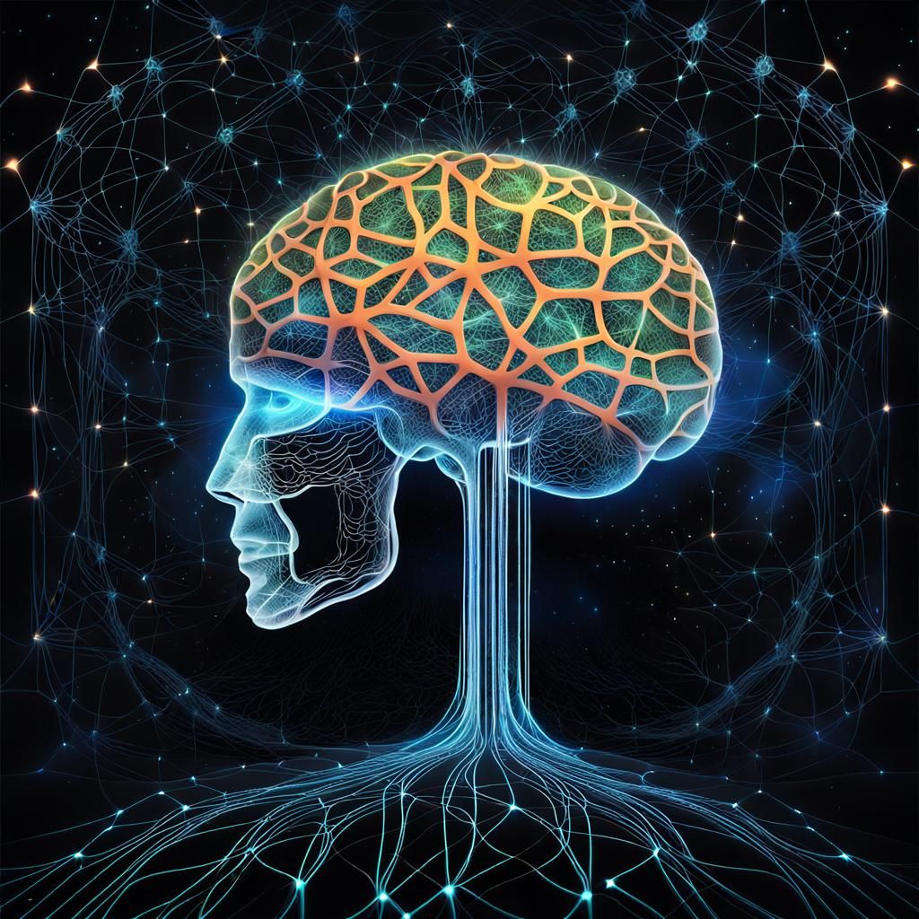 Glowing Brain Connecting to Celestial Network