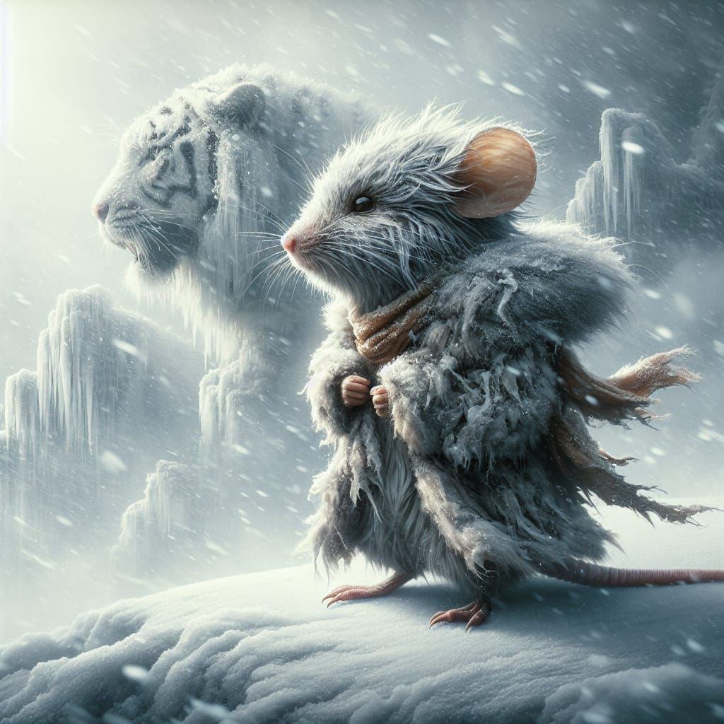 Mouse and Tiger in Snowstorm: Detailed Matte Painting