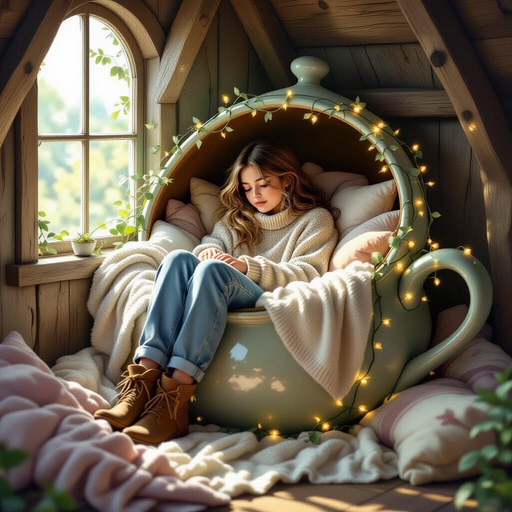 Sleepy Teen in Teapot Reading Nook: Fantasy Illustration