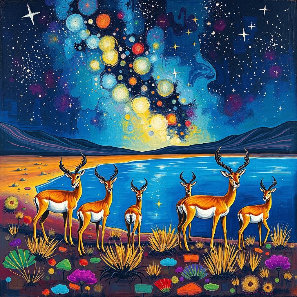 Antelopes Under Starry Sky, Impasto Oil Painting