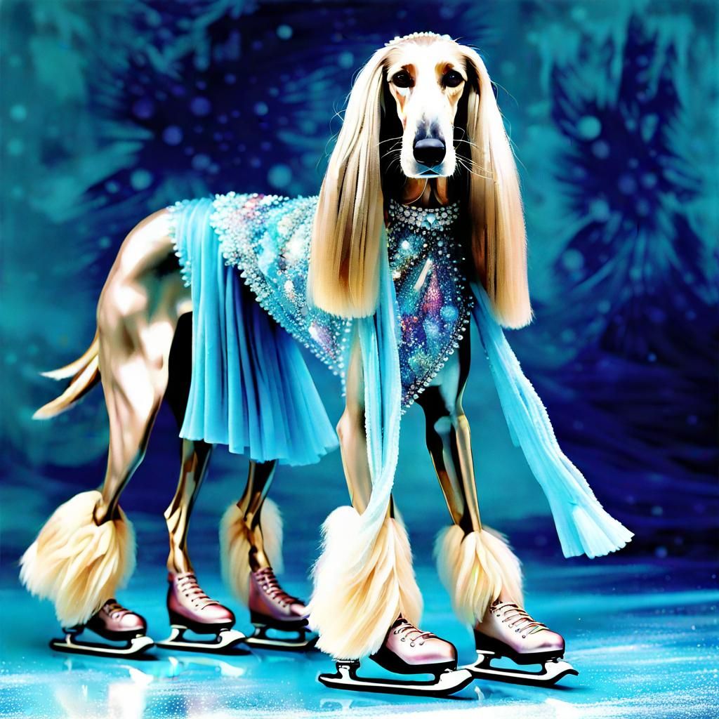 The 5 legged Afghan Hound as a amazing ice-skating princess