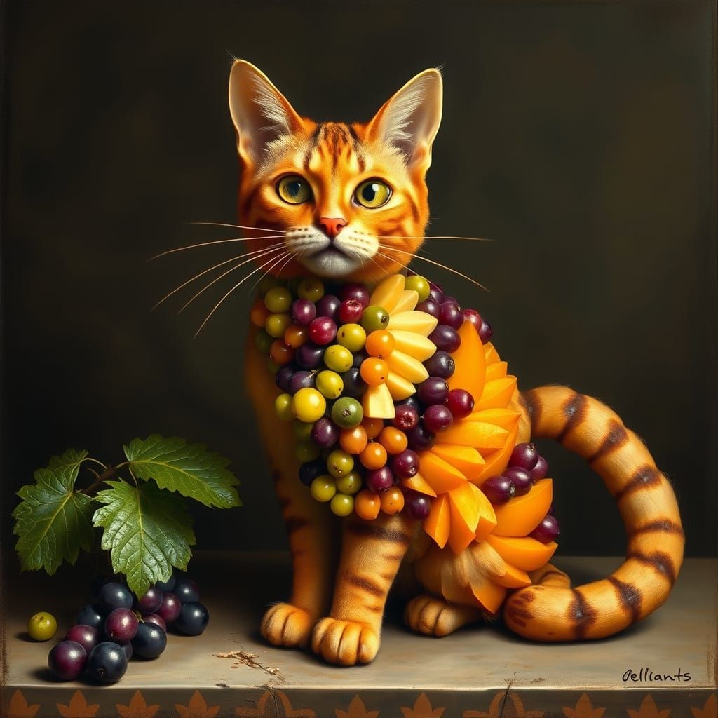 Renaissance-Style Cat Composed of Exotic Fruits