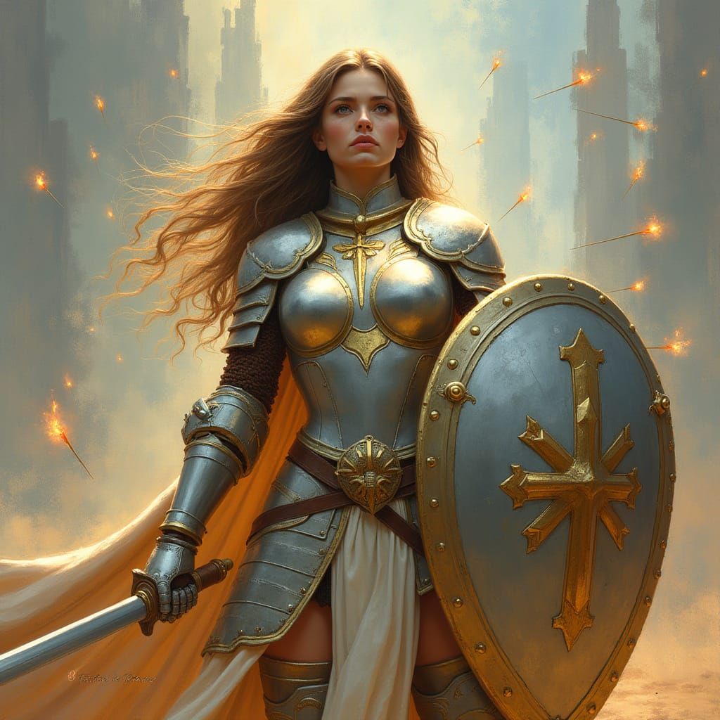 Armored Woman Stands Against Flaming Arrows