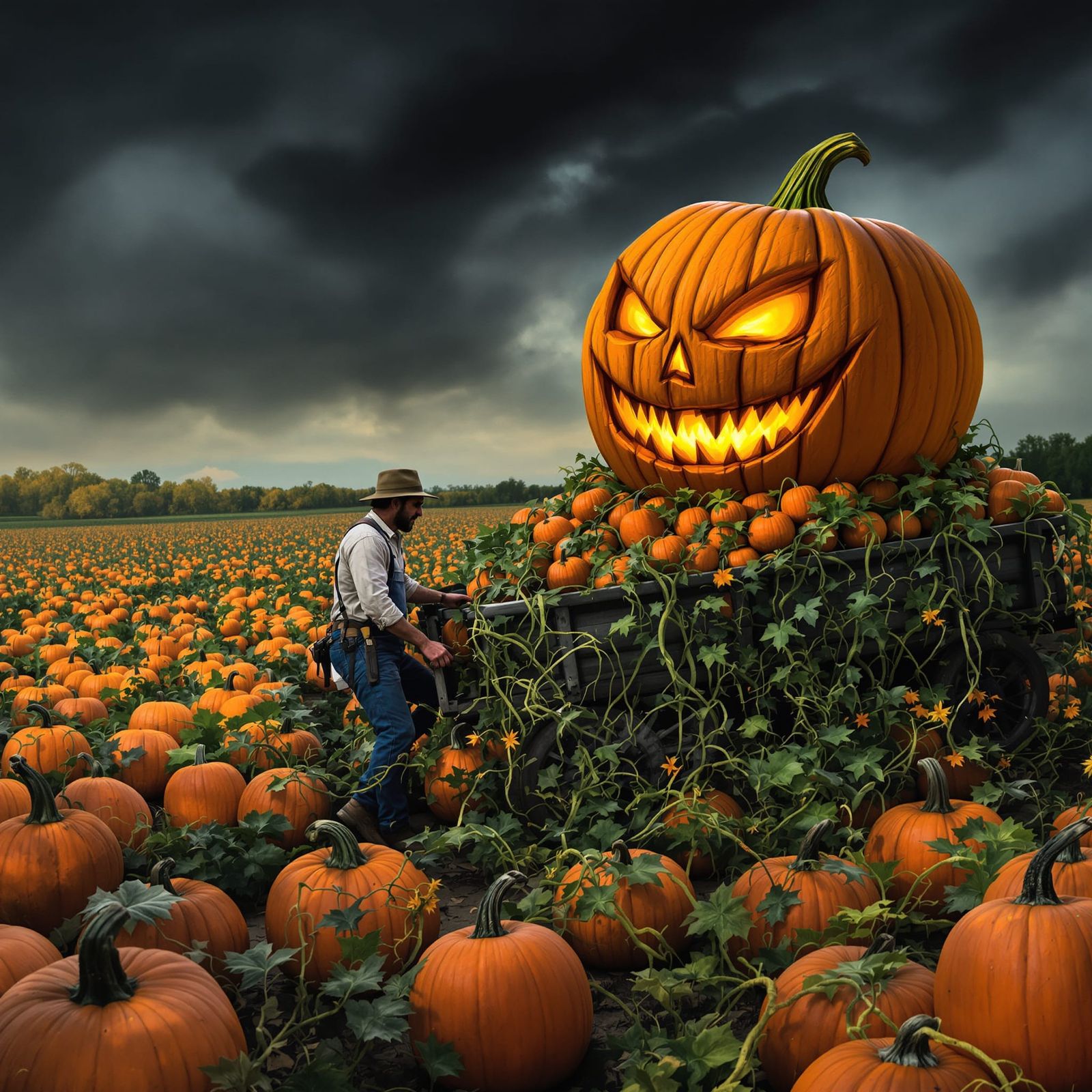 Farmer Harvests Pumpkins While Vines Attack