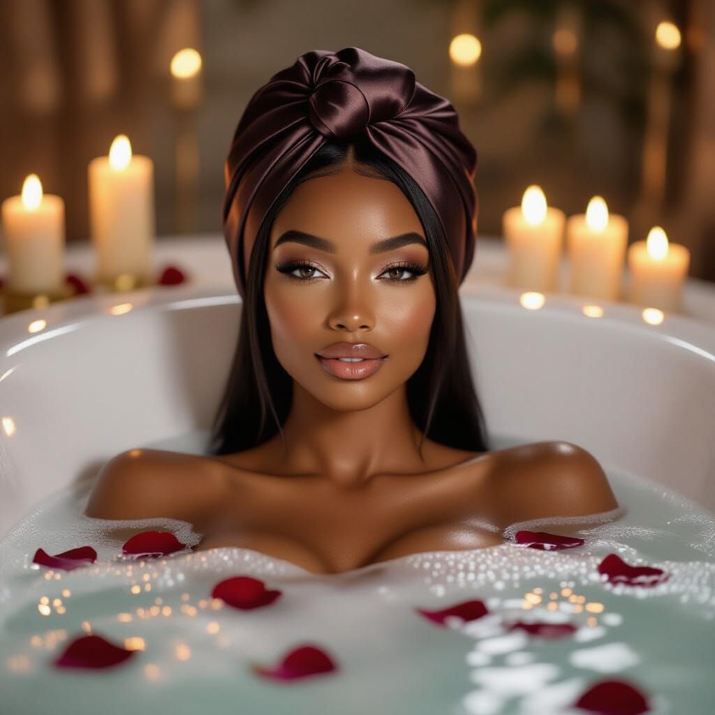 Black AI Influencer Relaxing in Luxurious Bubble Bath