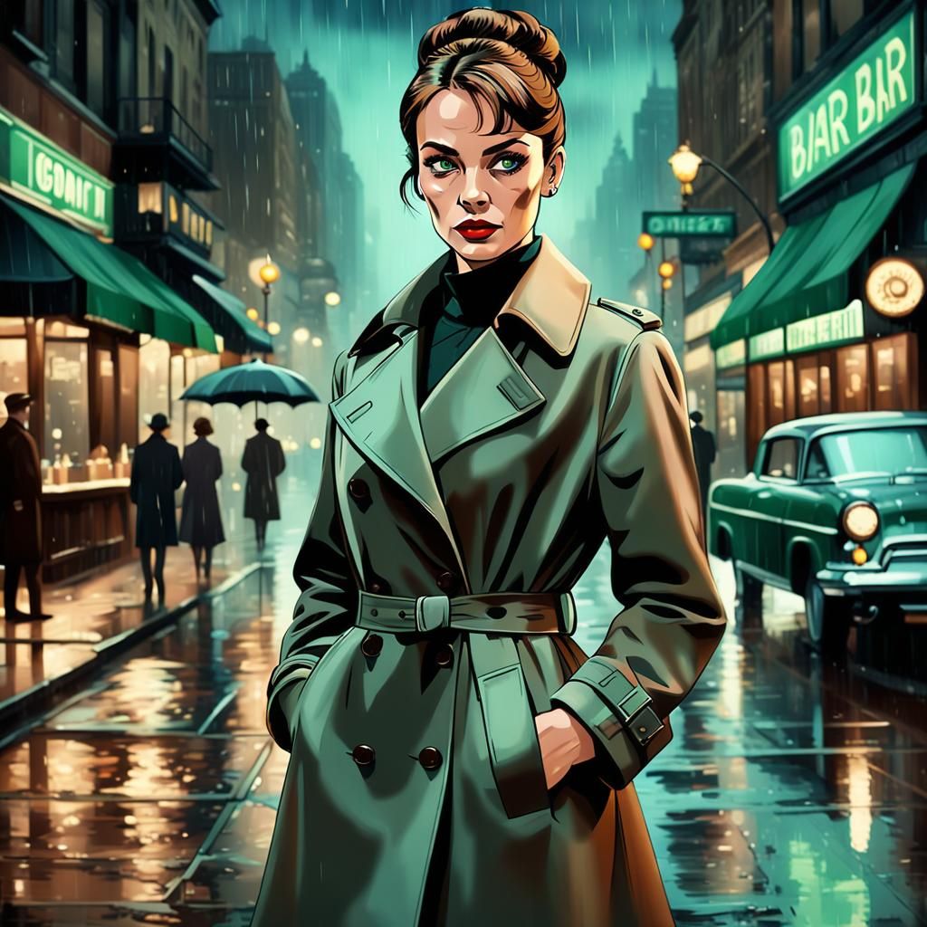 1960s Female Detective in Rainy City Street