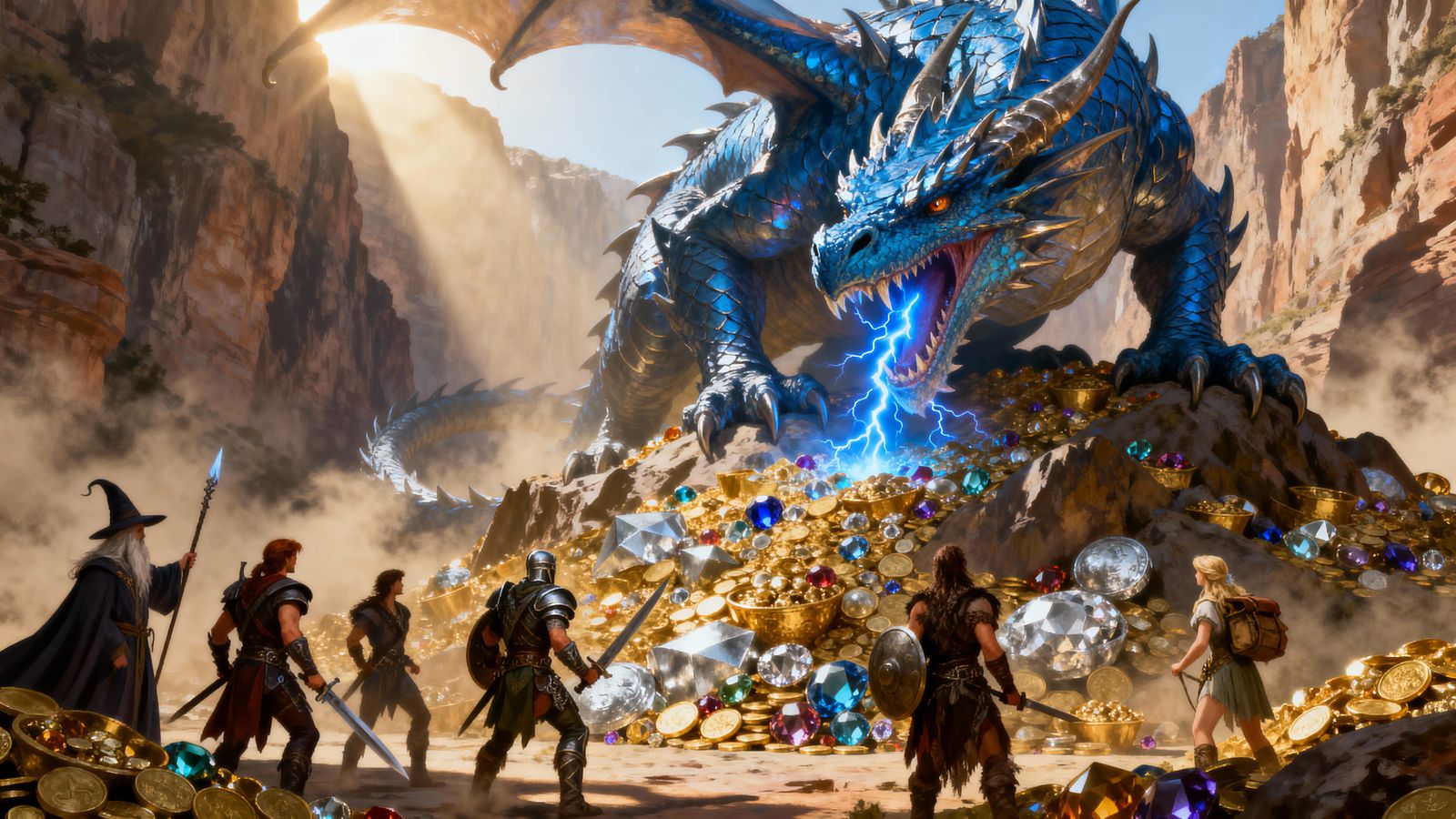 Colossal Blue Dragon Guards Treasure in Sunlit Canyon