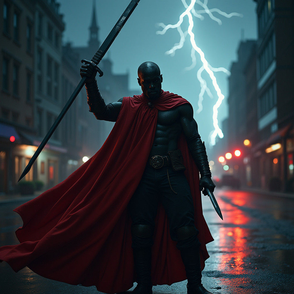 Epic Black Man with Sword in a Cinematic Style