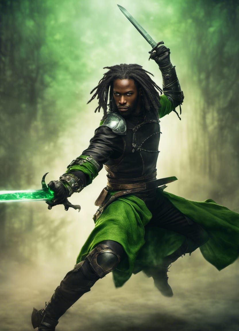 Black Human Rogue in green leather armor 2