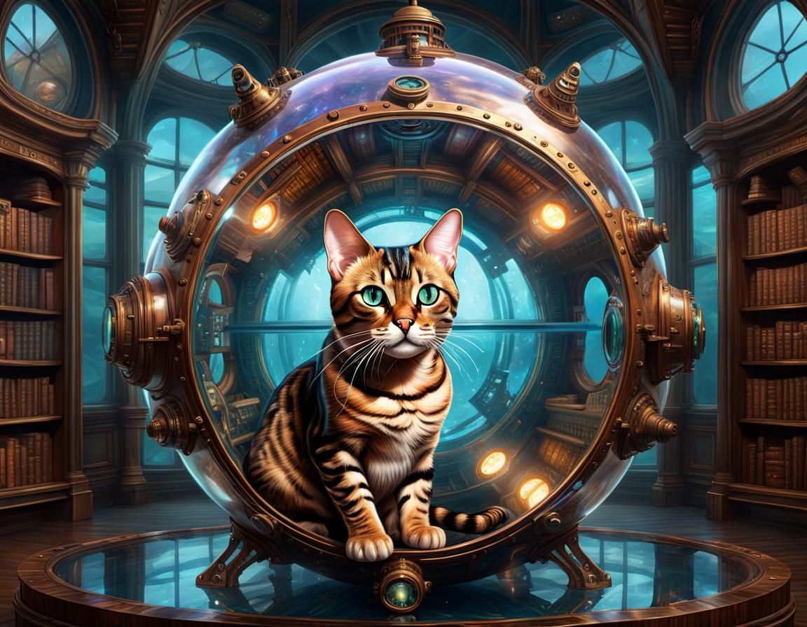 Steampunk Bengal Cat in Underwater Library