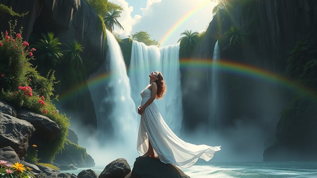 Serene Waterfall Goddess in Matte Painting Style