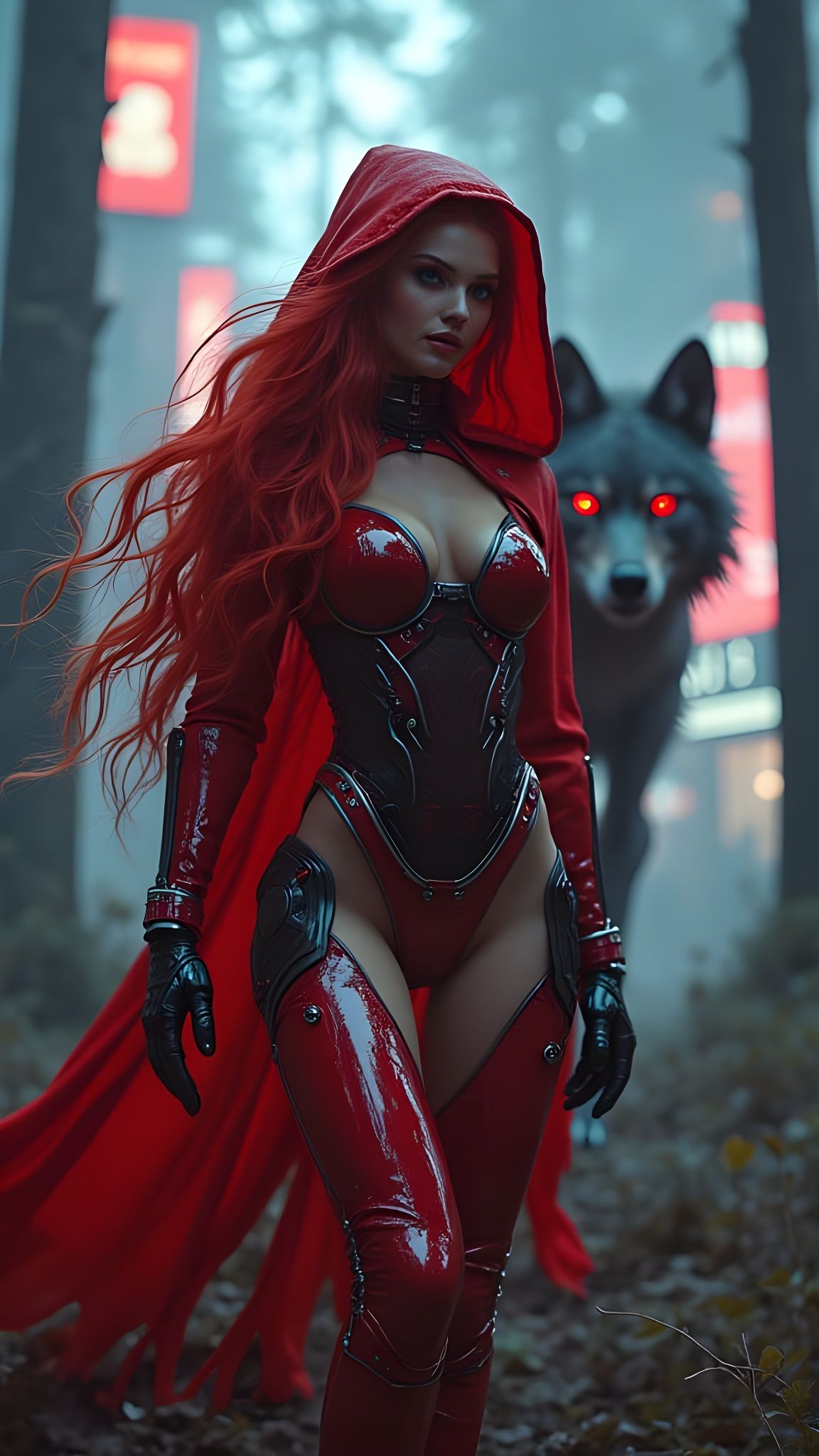 Cyberpunk Red Riding Hood in Dystopian Forest
