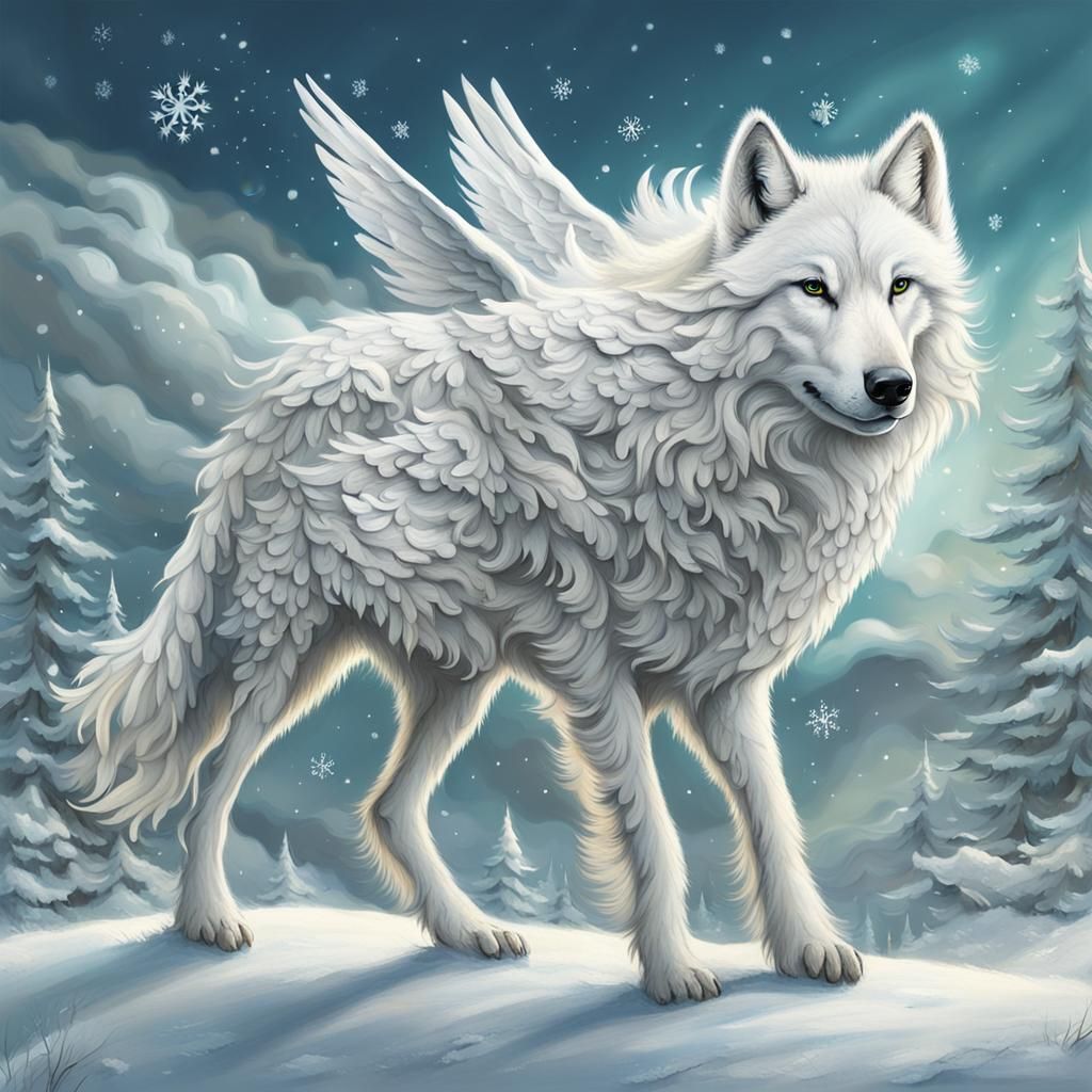 Whimsical White Wolf with Woolly Wings in Winter