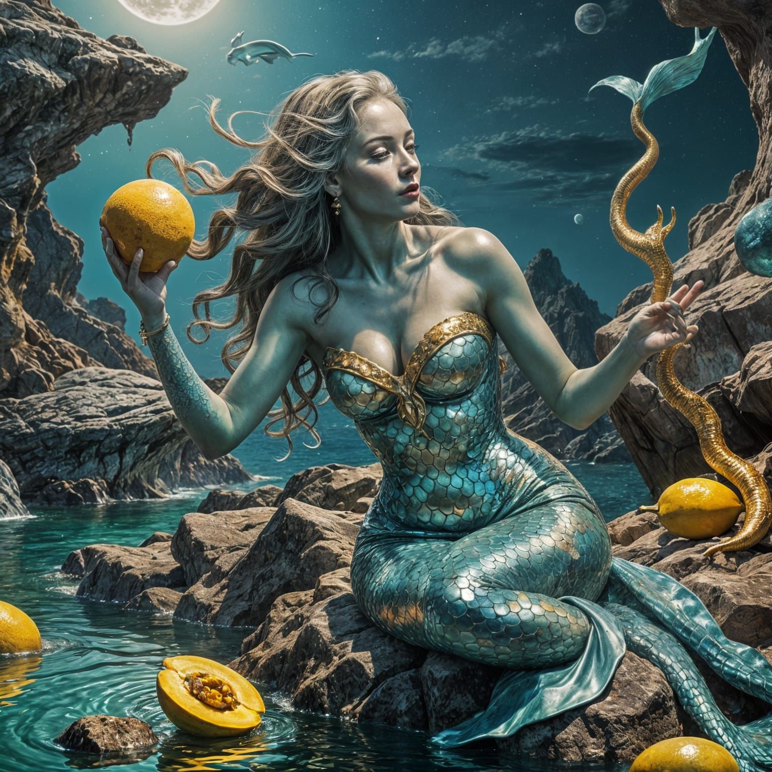 Surreal Mermaid Eating Mango Under Metallic Moon