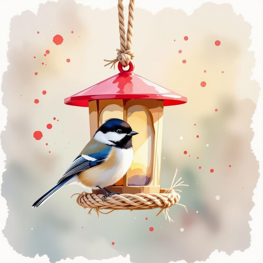 Watercolor Chickadee on Bird Feeder