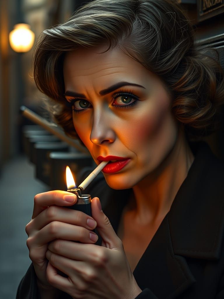 Vintage Woman Lights Cigarette in Dark Alley