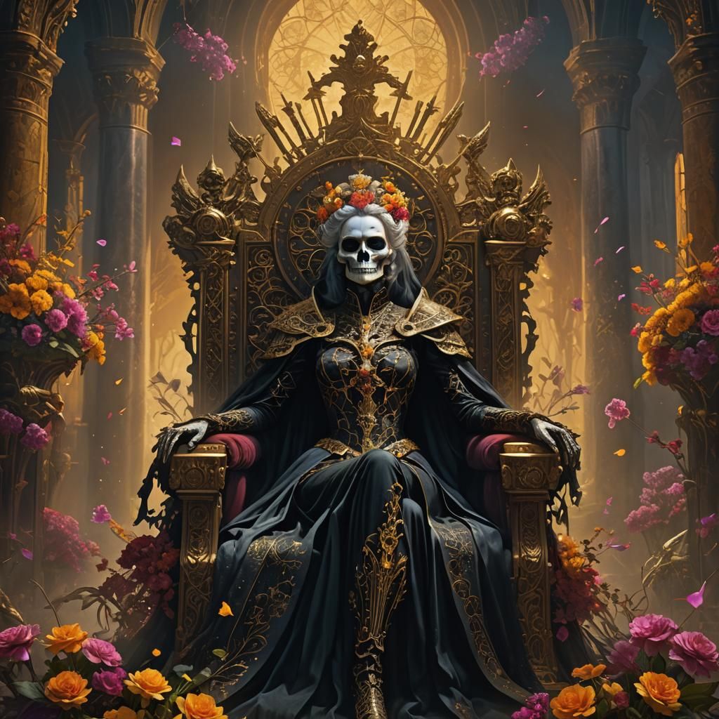 Skeleton Queen on Floral Throne: Digital Matte Painting
