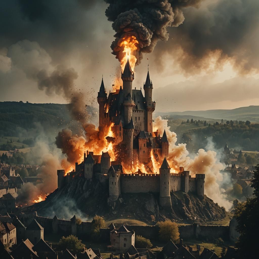 Castle Engulfed in Explosive Cinematic Scene