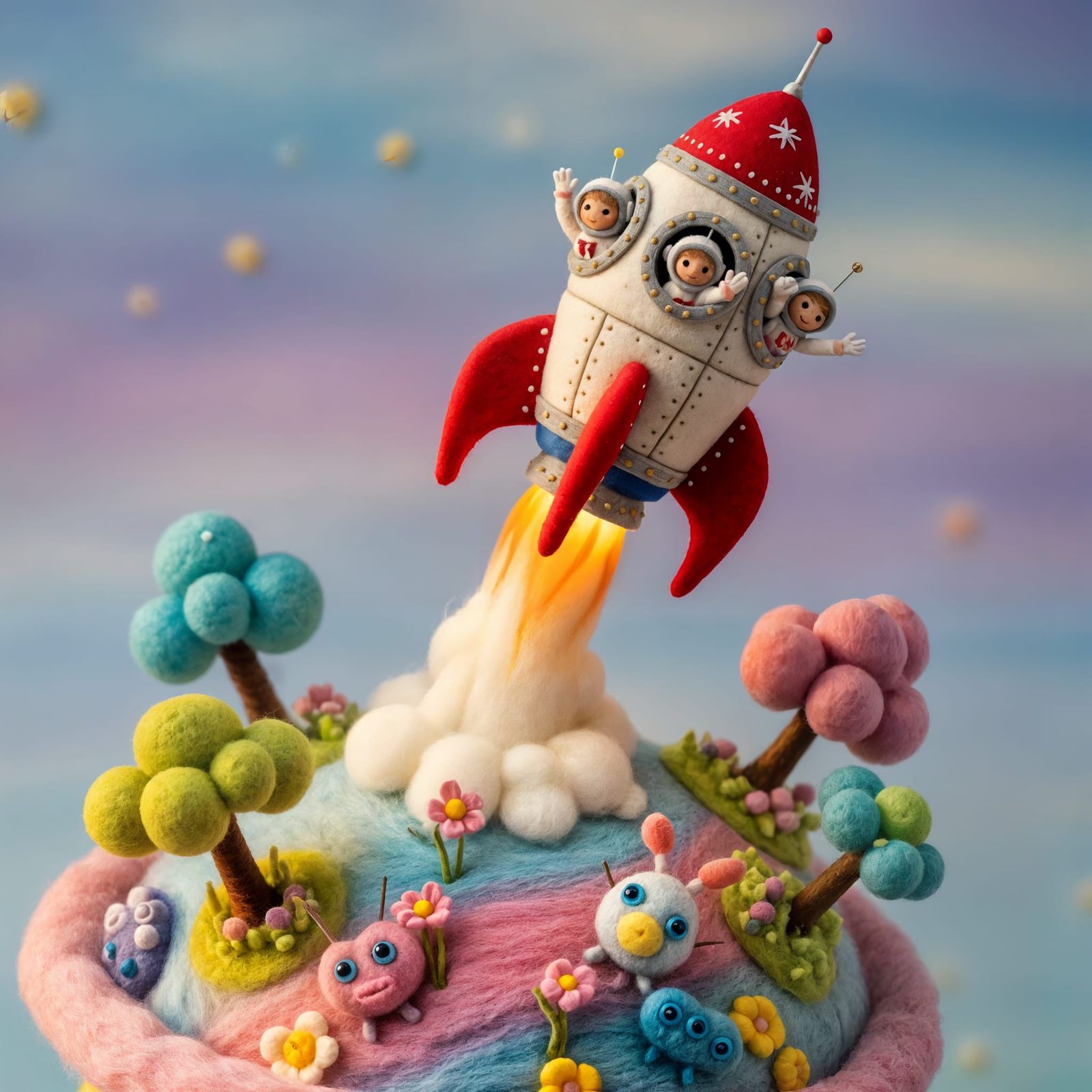 Needle-Felted Rocket Blasting Off from Wool Planet