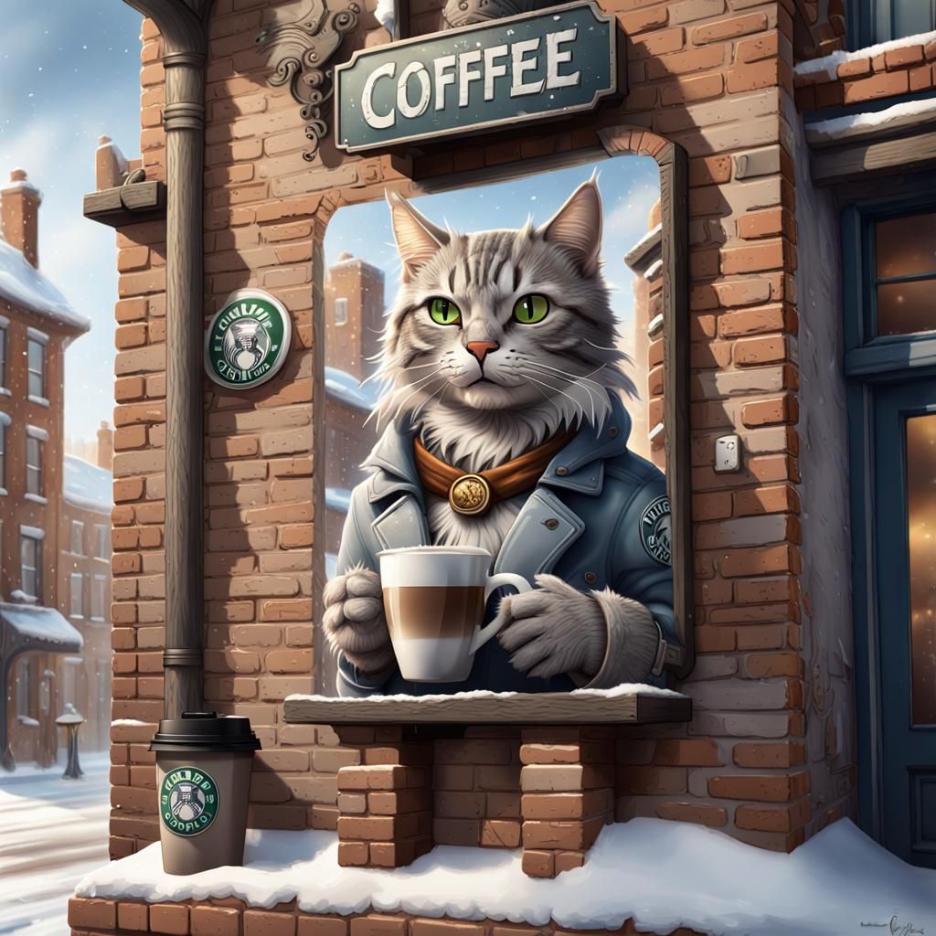 Tabby Cat Coffee Logo on Snowy Morning