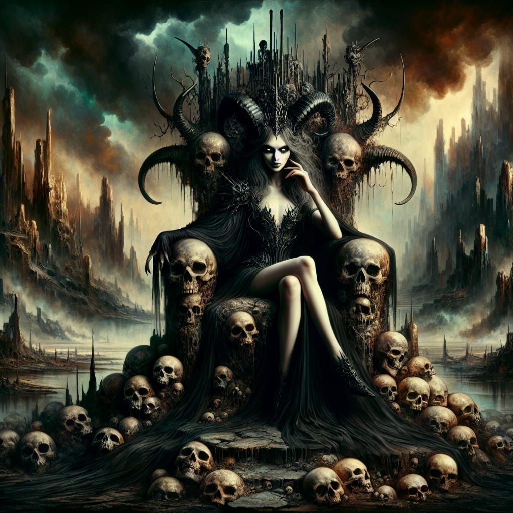 dark horned demon sits on a throne of skulls in a desolate w...