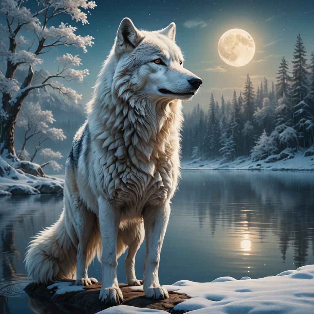 Snow White Wolf by Serene Lake: Fantasy Concept Art