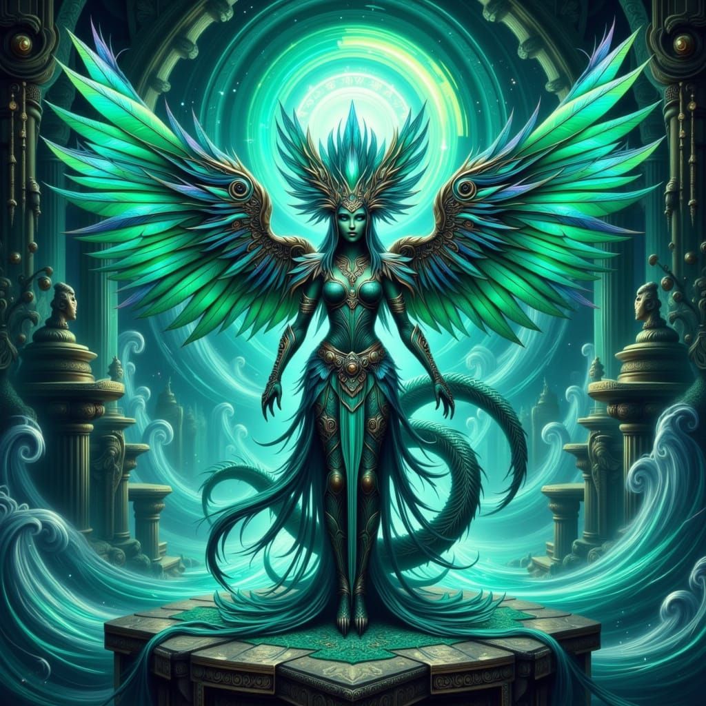 Aztec Warrior Goddess in Turquoise and Emerald Armor