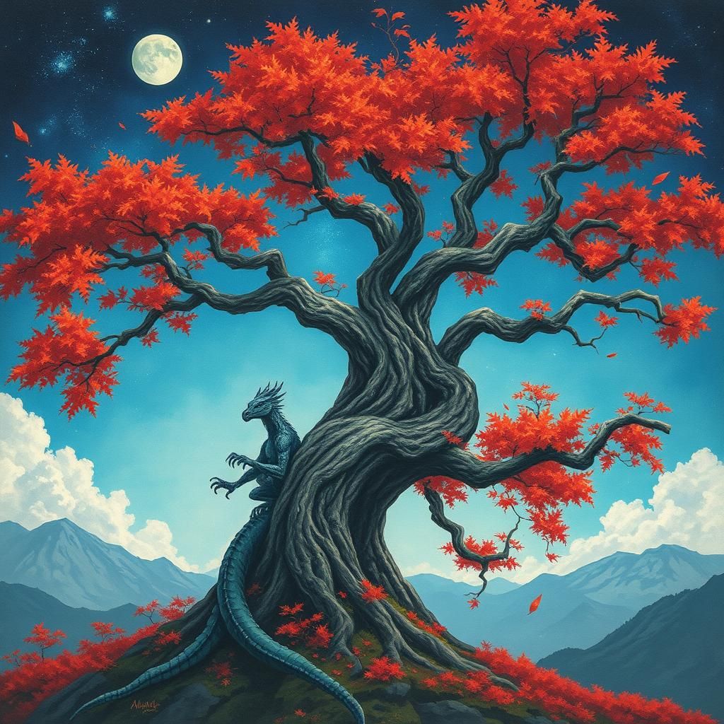 Dragon in Autumn Tree: Surreal Fantasy Art