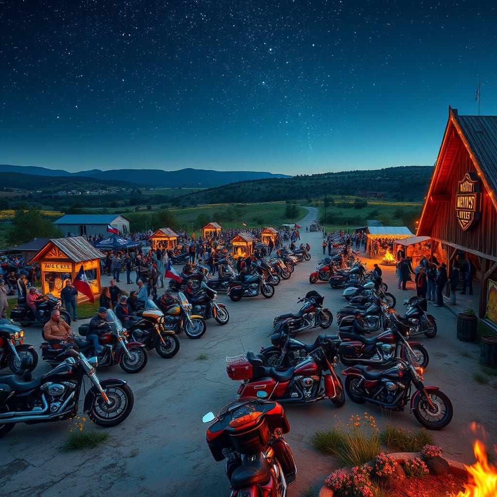 Texas Hill Country Motorcycle Rally in Vibrant Cyberpunk Sty...