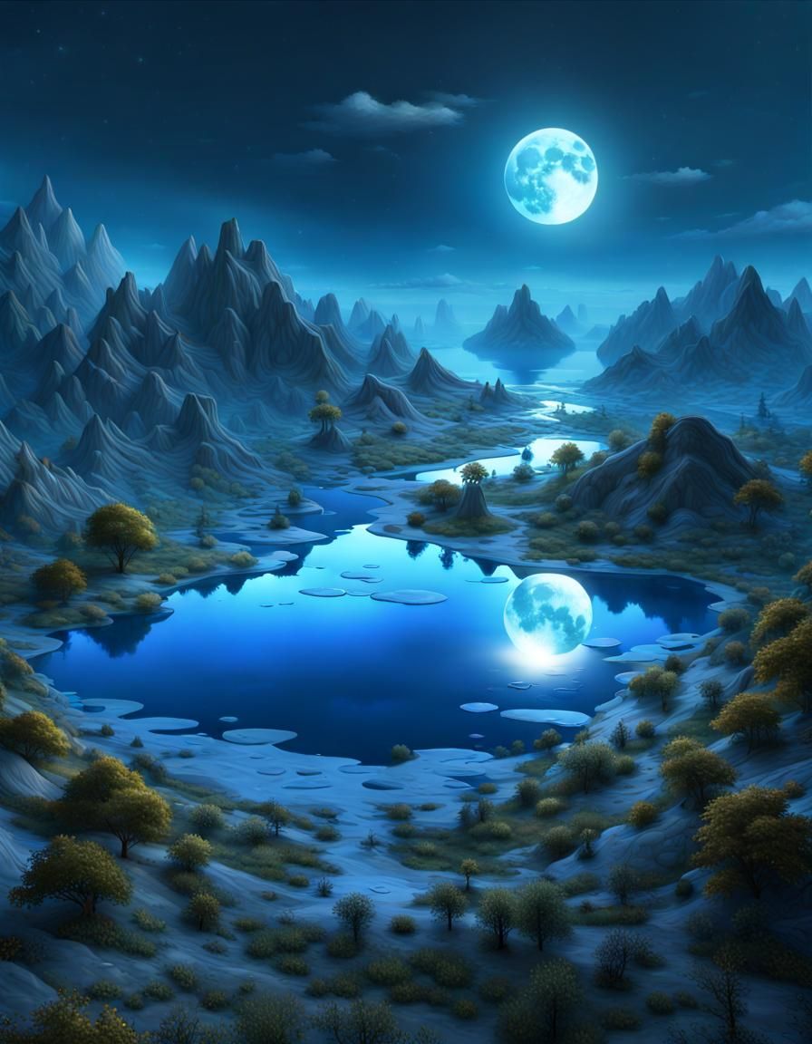Blue Landscape with Bioluminescent Mountains