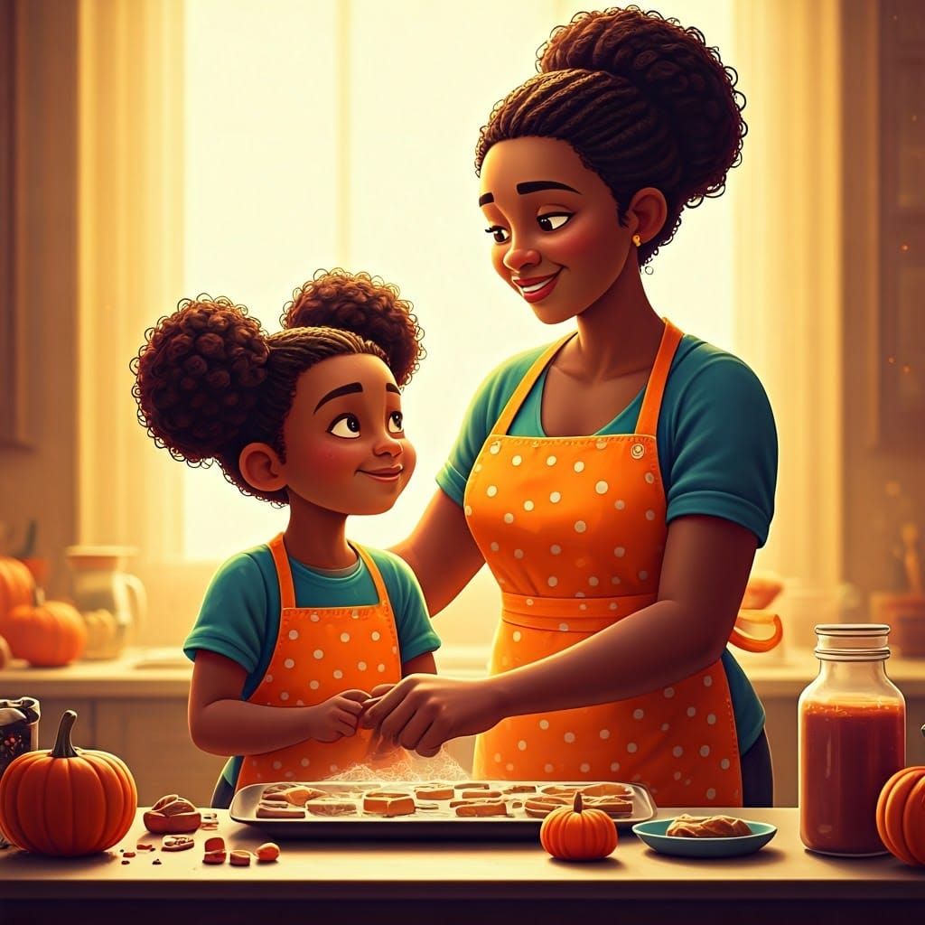 Mother and Daughter Baking Halloween Treats, 3D Digital Art