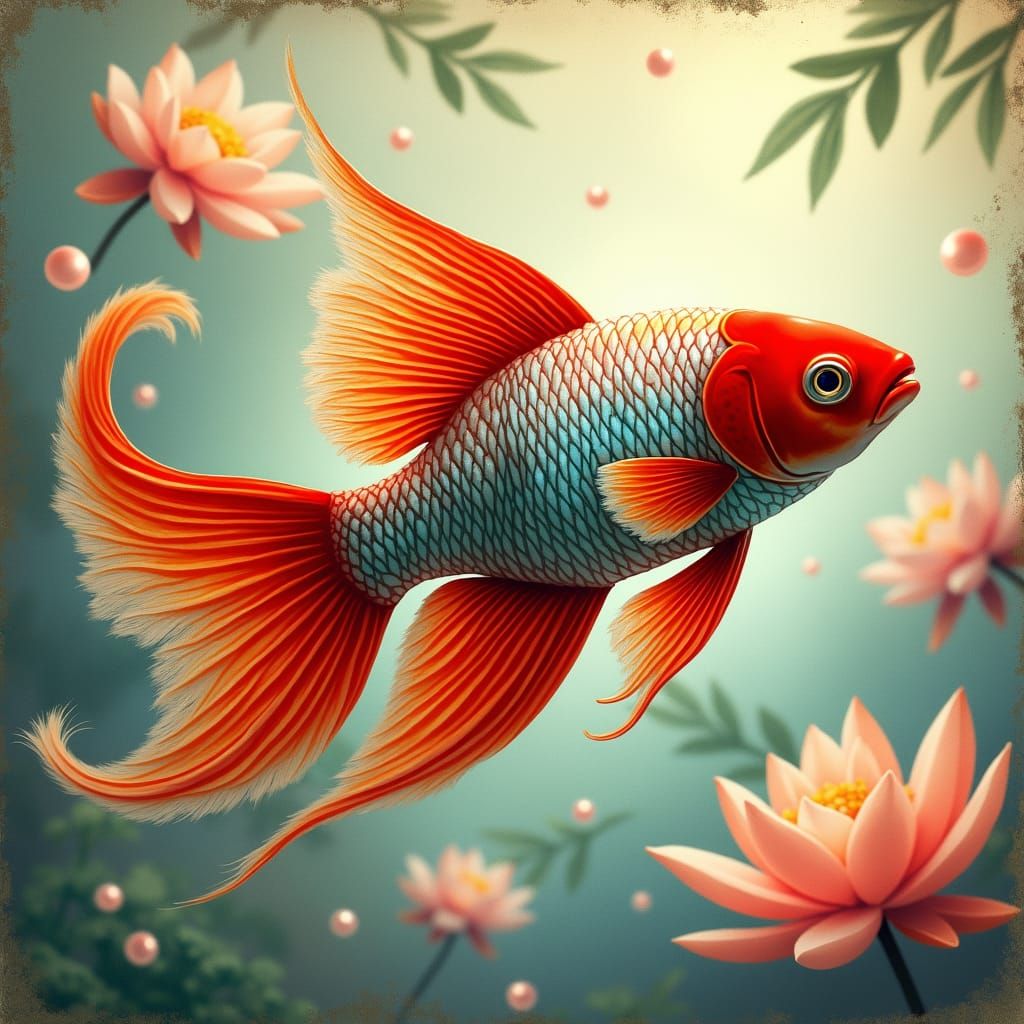 Vibrant Betta Fish in Tropical Pond, Old Photograph Aestheti...