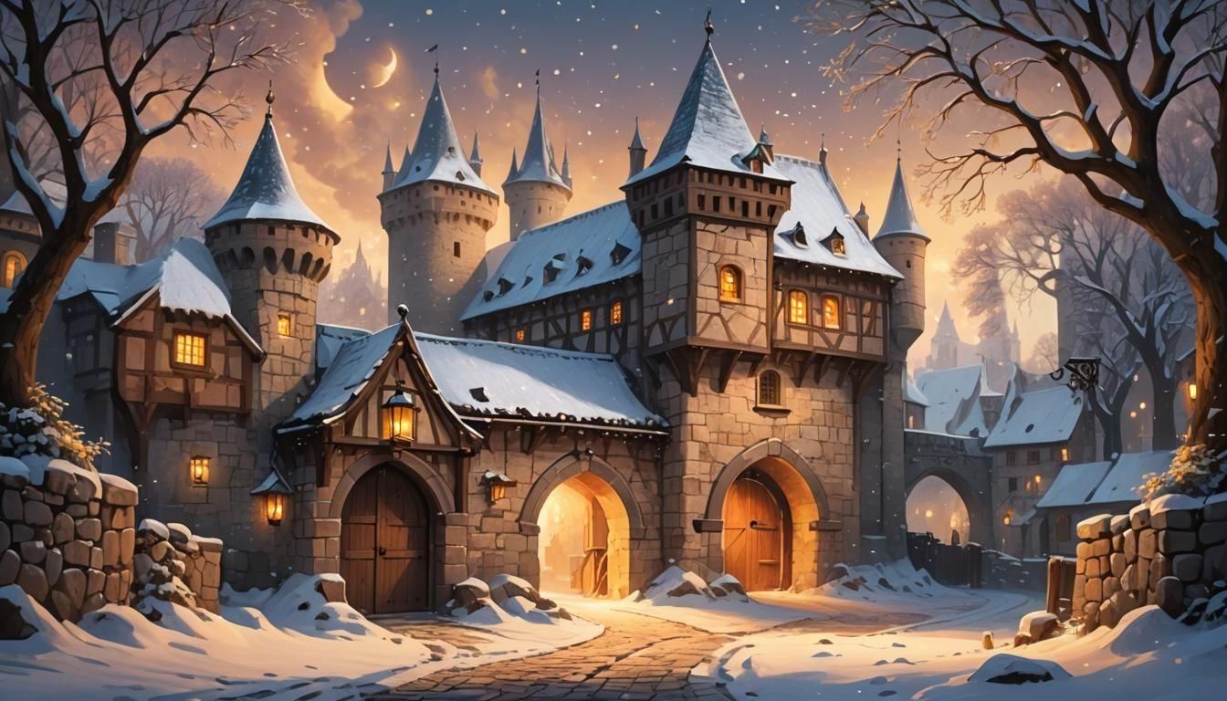 Medieval Castle Gatehouse in a Winter Wonderland