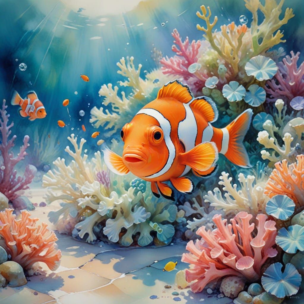 Ocean Clownfish in Impressionist Watercolour Painting