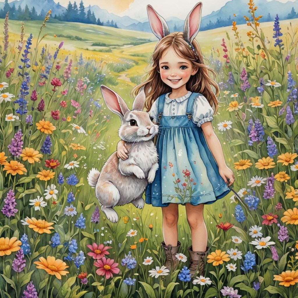 Girl and Rabbit in Wildflowers: Fairycore Illustration