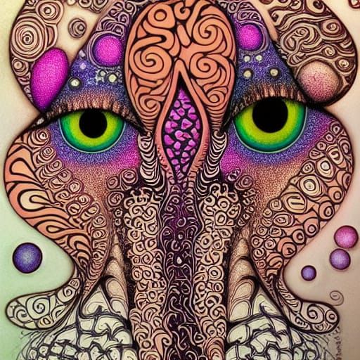 Zentangle Creature Face with Fractal Tendrils and God Rays