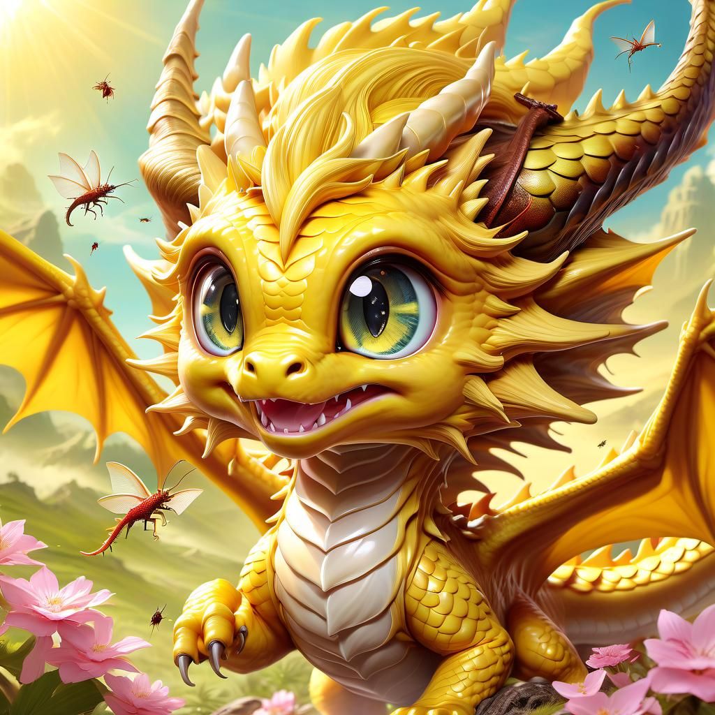 Adorable Chibi Dragon Chasing Bugs in Anime Style