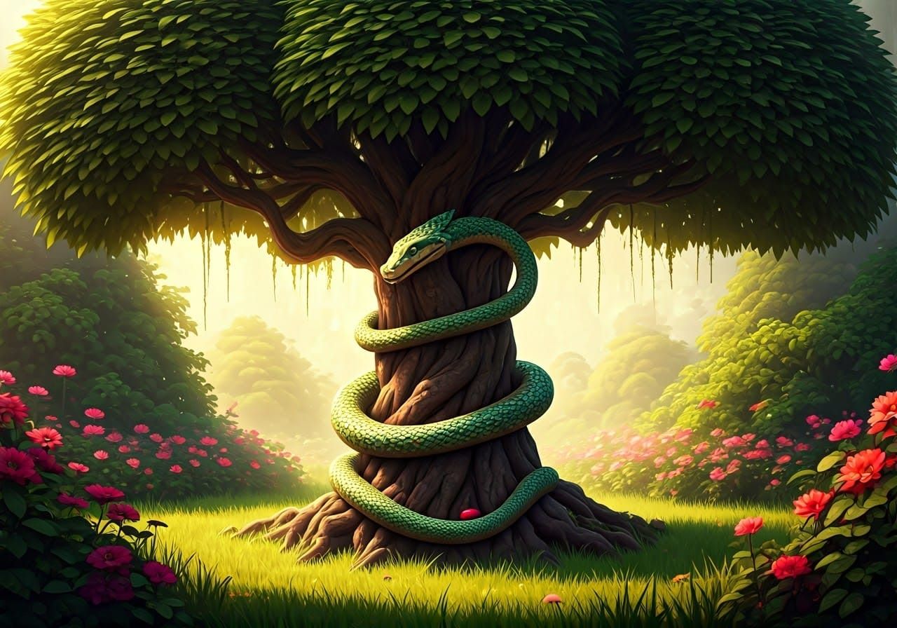 Enchanted Garden Sanctuary with Serpent and Apple