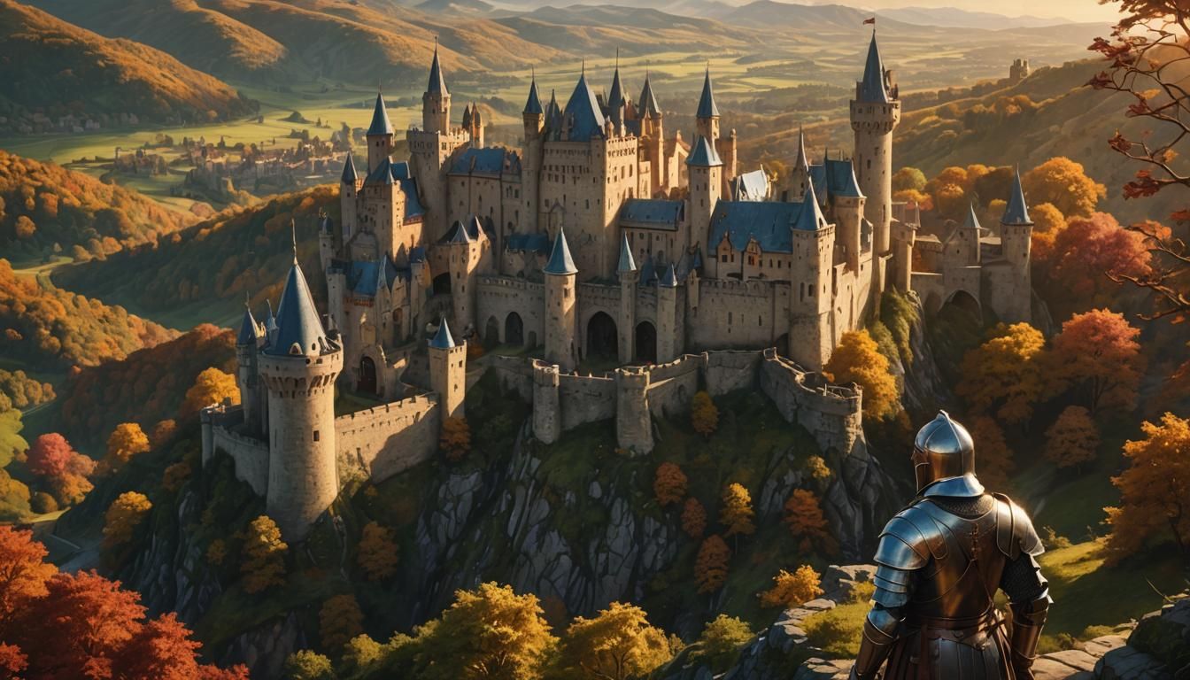 Medieval Knight and Castle Landscape in Fantasy Art Style
