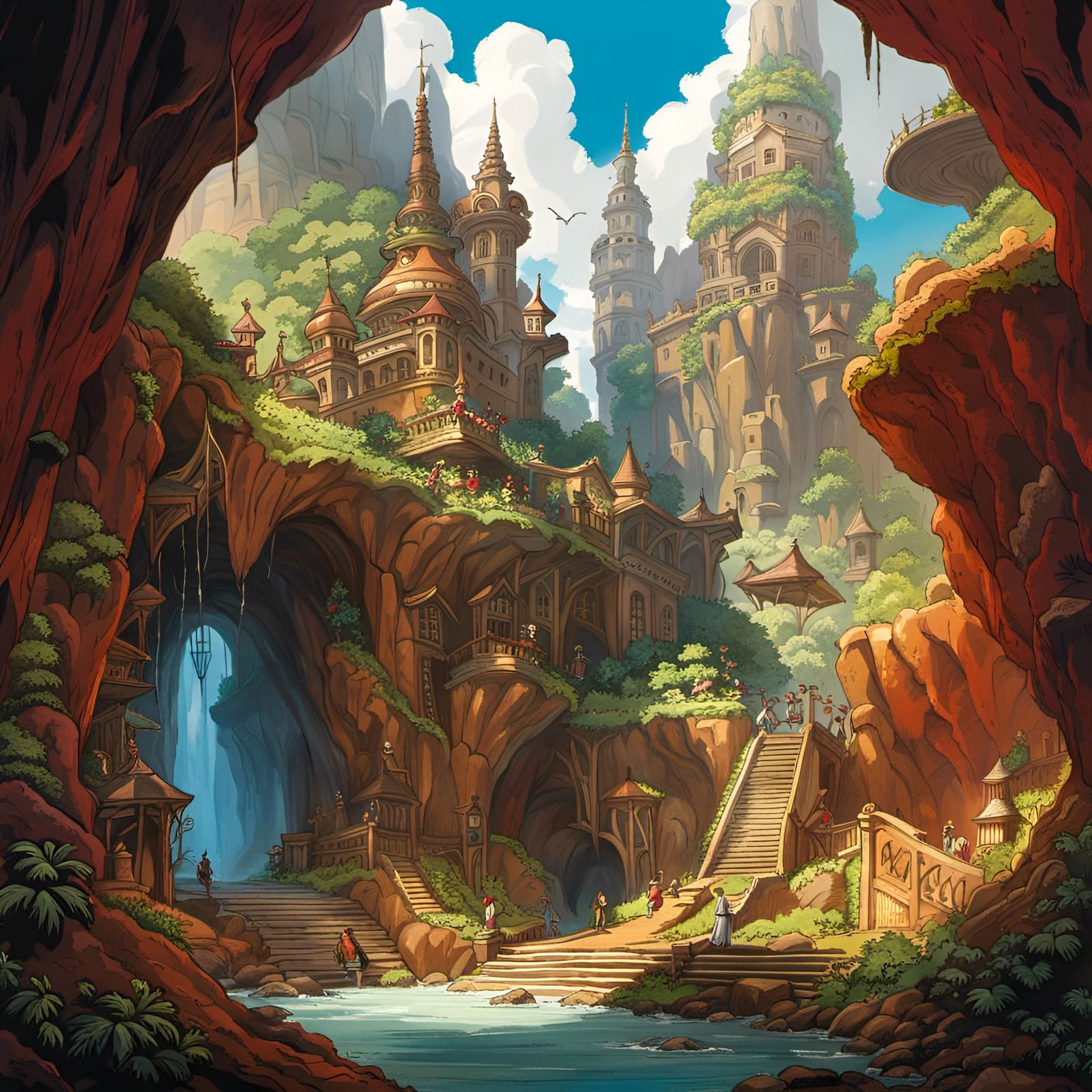 Underground Dwarven City in Ghibli Watercolor Style