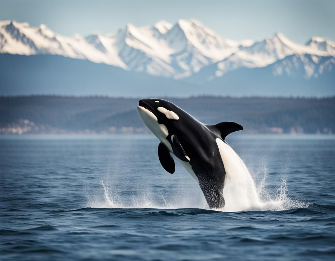 Orca Whale Breaching with Ship in Distance