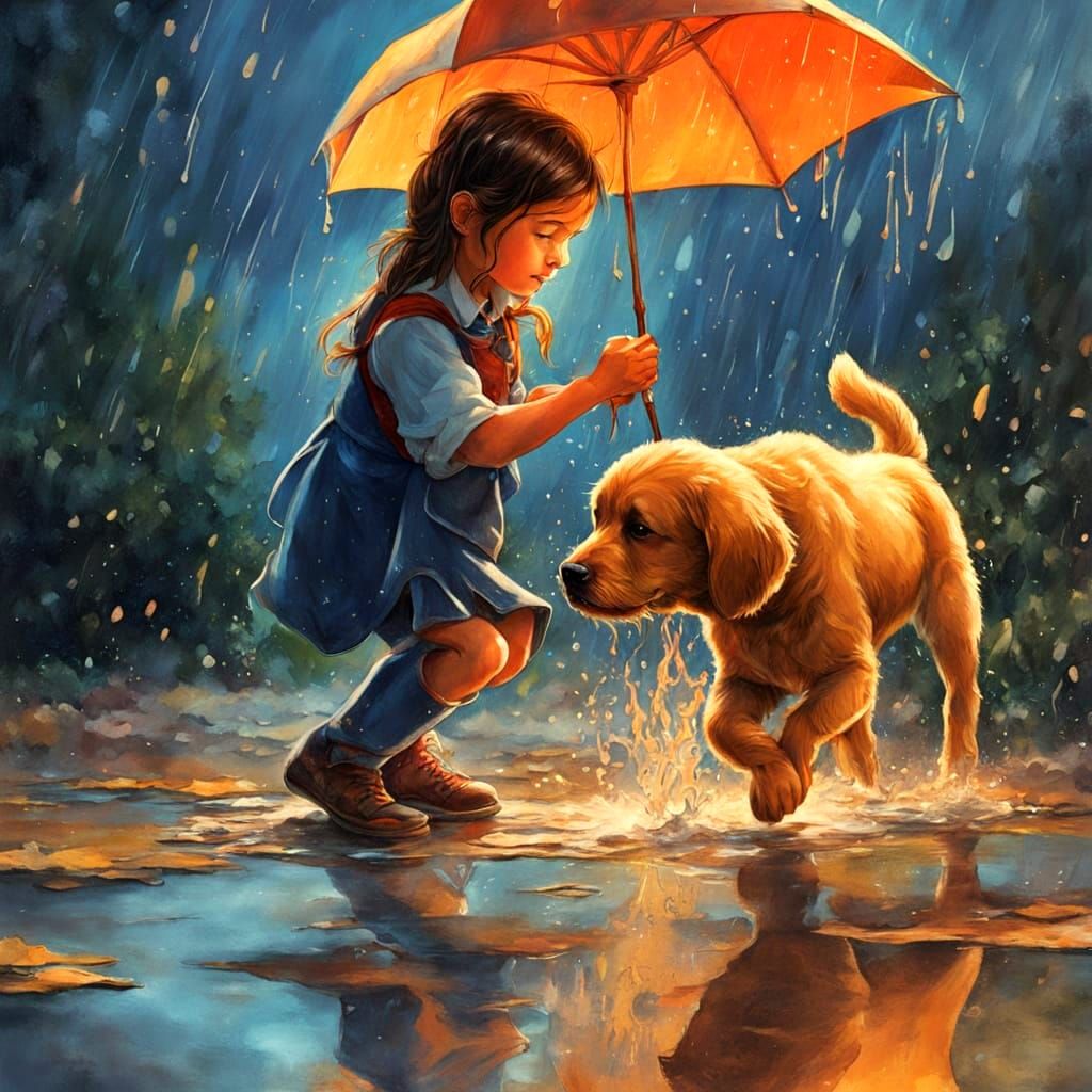 Girl and Puppy Play in Summer Rain