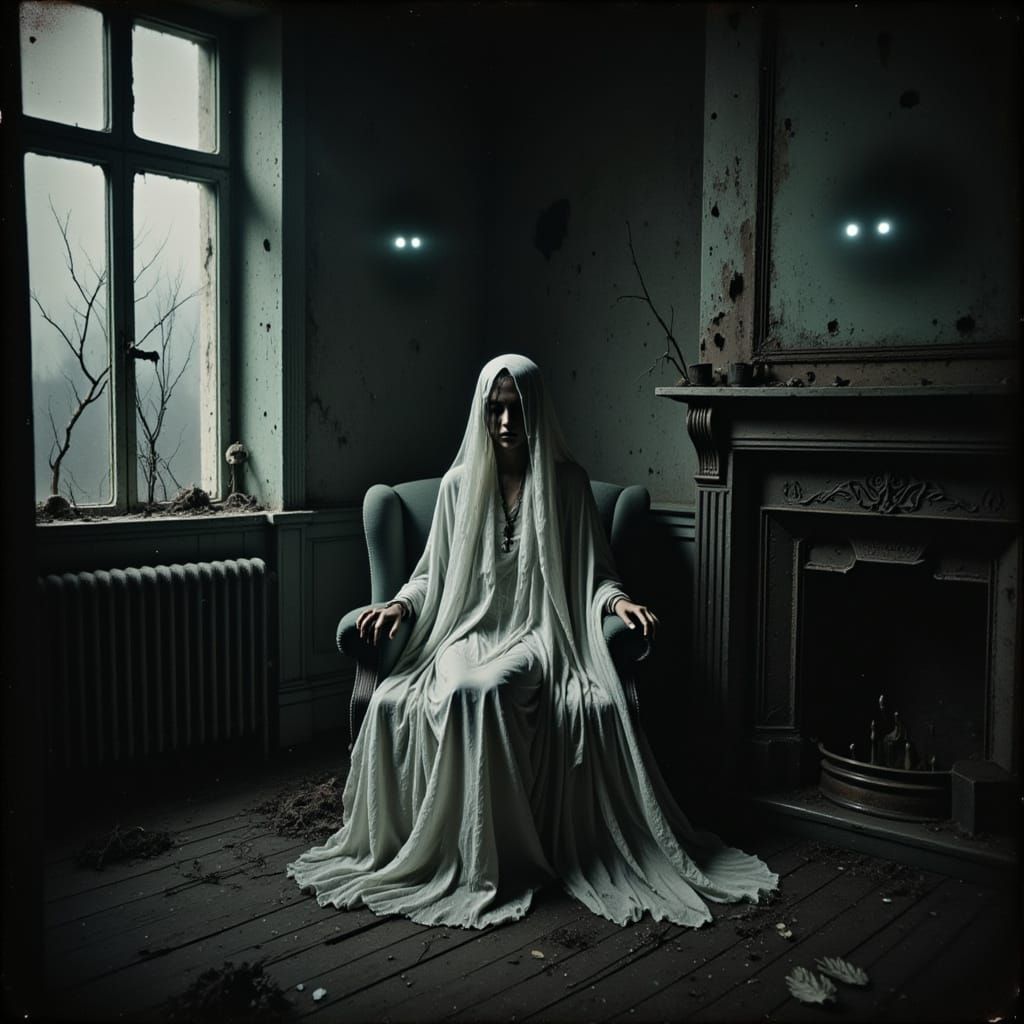 Ethereal Girl in Abandoned Room, Serene in Desolation