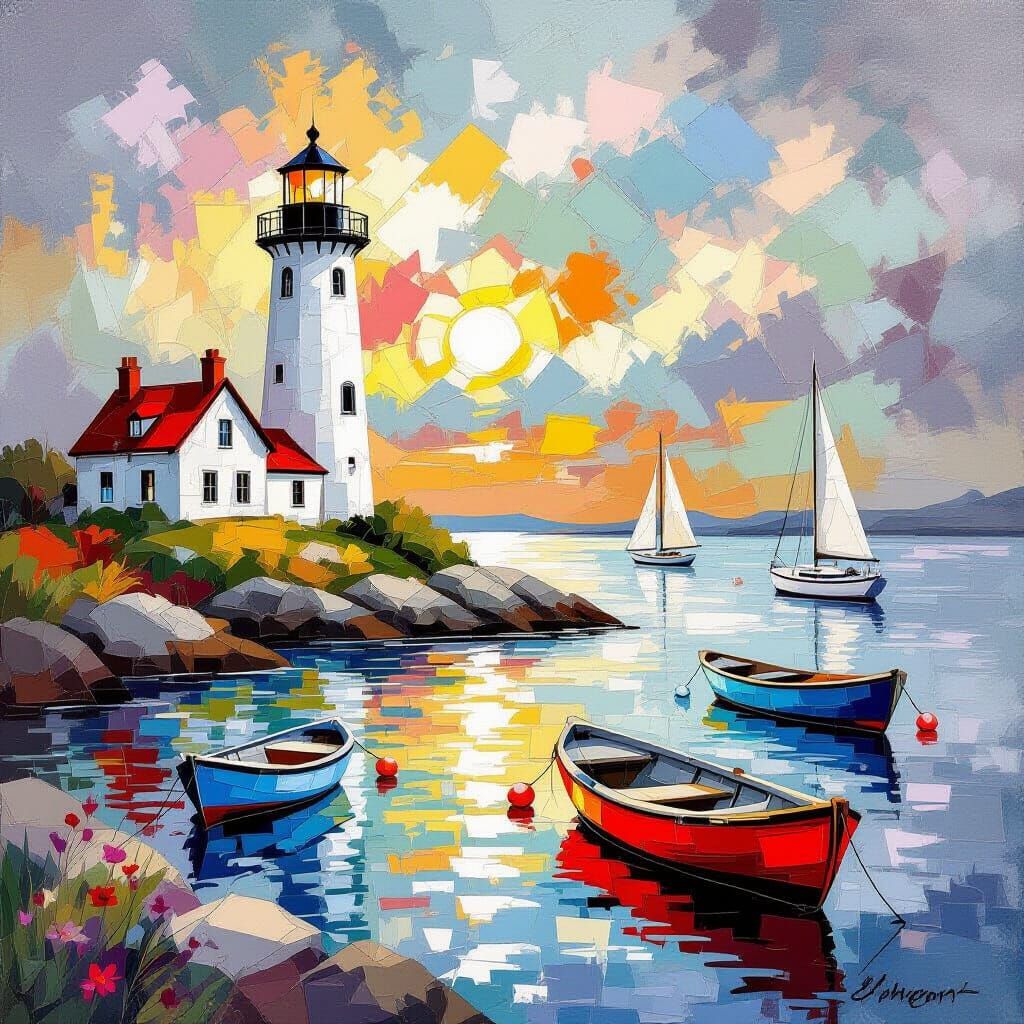 Lighthouse and Boats Kaleidoscope in Cottagecore Style