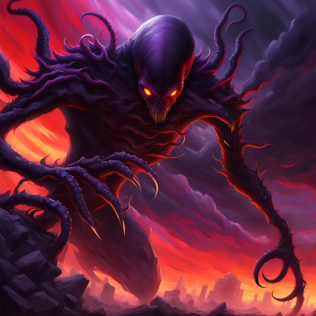 Majestic Dark Fantasy Creature in a Stormy Red Sky