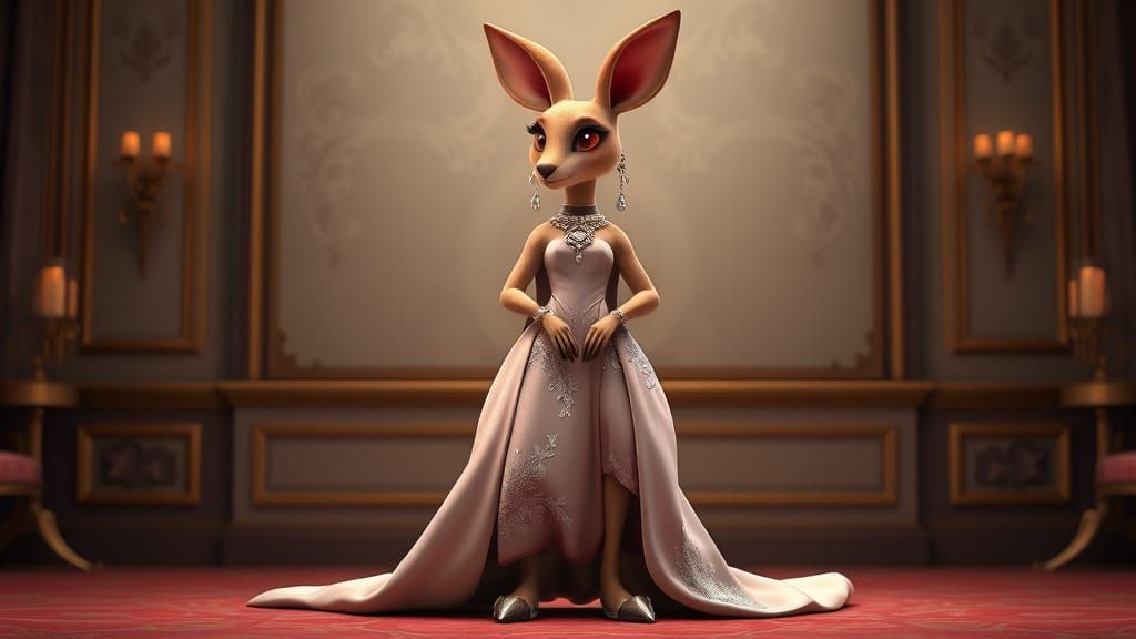 Elegant Anthropomorphic Kangaroo in Evening Gown