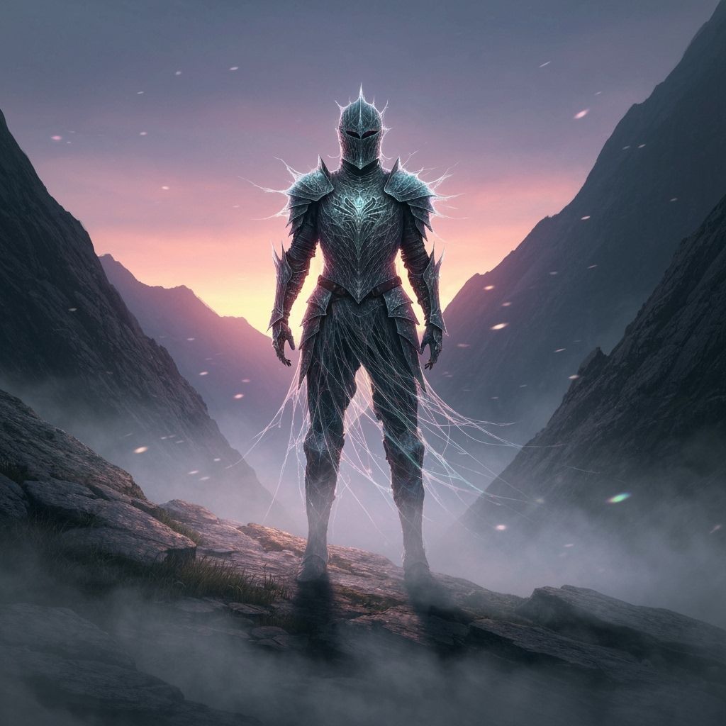 Knight in Spider Silk Armor on Mountain Pass at Twilight