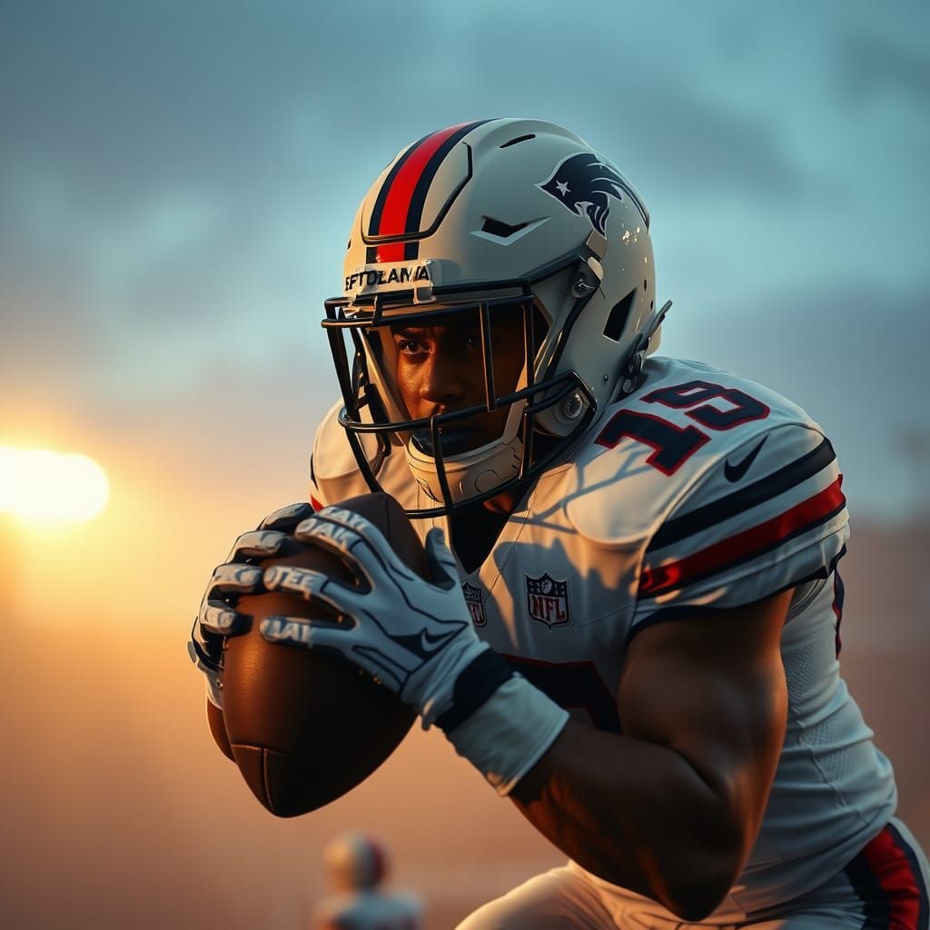 Dramatic NFL Player in Misty Stadium: Cinematic Film Still