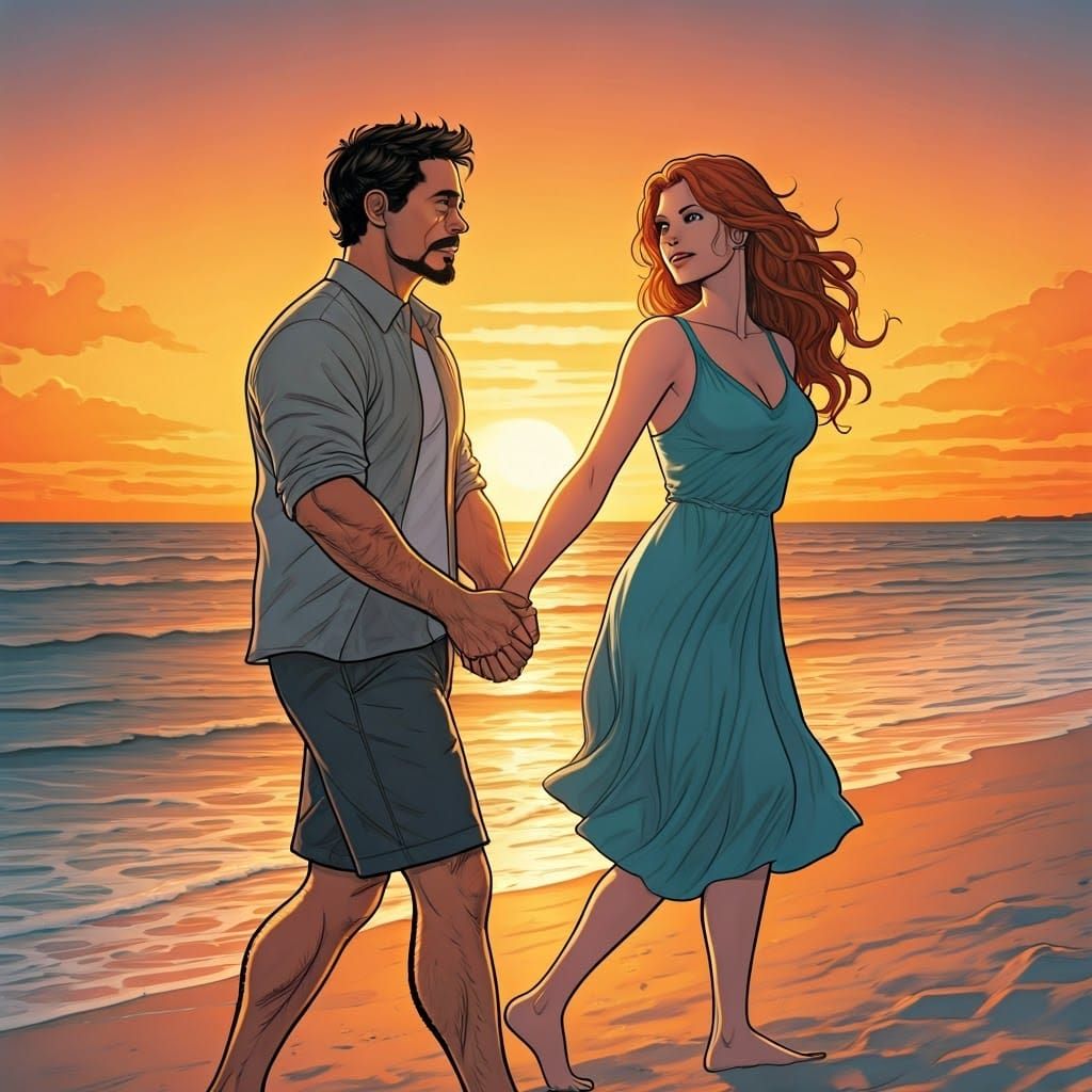Tony Stark on Sunset Beach Walk with Redheaded Companion